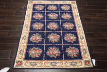 4x6 Navy, Ivory, Green Color Hand Knotted French Aubusson Needlepoint Wool Traditional Oriental Rug