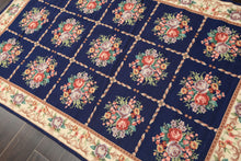 4x6 Navy, Ivory, Green Color Hand Knotted French Aubusson Needlepoint Wool Traditional Oriental Rug