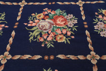 4x6 Navy, Ivory, Green Color Hand Knotted French Aubusson Needlepoint Wool Traditional Oriental Rug