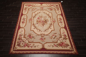 7x10 Ivory, Beige, Burgundy Color Hand Woven French Aubusson Needlepoint  Wool Traditional Oriental Rug