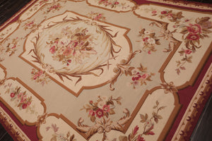 7x10 Ivory, Beige, Burgundy Color Hand Woven French Aubusson Needlepoint  Wool Traditional Oriental Rug
