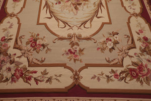 7x10 Ivory, Beige, Burgundy Color Hand Woven French Aubusson Needlepoint  Wool Traditional Oriental Rug