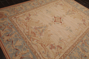 8x10 Beige, Slate, Rose Color Hand Woven French Aubusson Needlepoint  Wool Traditional Oriental Rug