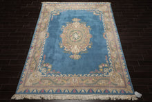 8x10 Baby Blue, Beige, Rose Color Hand Knotted French Aubusson Savonnerie Wool Traditional Oriental Rug