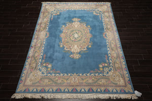 8x10 Baby Blue, Beige, Rose Color Hand Knotted French Aubusson Savonnerie Wool Traditional Oriental Rug
