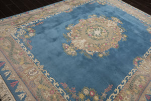 8x10 Baby Blue, Beige, Rose Color Hand Knotted French Aubusson Savonnerie Wool Traditional Oriental Rug
