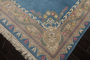 8x10 Baby Blue, Beige, Rose Color Hand Knotted French Aubusson Savonnerie Wool Traditional Oriental Rug