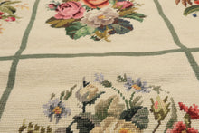 4x6 Ivory, Sage, Red Color Hand Woven Portugese Needlepoint Wool Traditional Oriental Rug