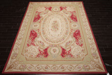 9x12 Crimson, Ivory, Mint Color Hand Woven French Aubusson Flatweave Wool Traditional Oriental Rug