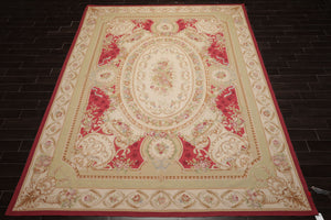 9x12 Crimson, Ivory, Mint Color Hand Woven French Aubusson Flatweave Wool Traditional Oriental Rug