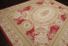 9x12 Crimson, Ivory, Mint Color Hand Woven French Aubusson Flatweave Wool Traditional Oriental Rug