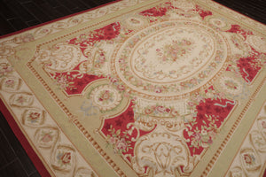 9x12 Crimson, Ivory, Mint Color Hand Woven French Aubusson Flatweave Wool Traditional Oriental Rug