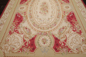 9x12 Crimson, Ivory, Mint Color Hand Woven French Aubusson Flatweave Wool Traditional Oriental Rug