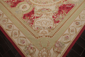 9x12 Crimson, Ivory, Mint Color Hand Woven French Aubusson Flatweave Wool Traditional Oriental Rug