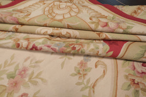 9x12 Crimson, Ivory, Mint Color Hand Woven French Aubusson Flatweave Wool Traditional Oriental Rug