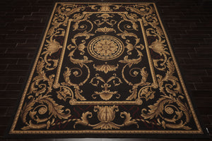 9x12 Chocolate, Gold, Brown Color Hand Woven French Aubusson Flatweave Wool Traditional Oriental Rug