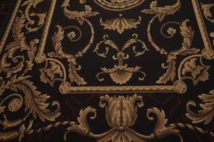 9x12 Chocolate, Gold, Brown Color Hand Woven French Aubusson Flatweave Wool Traditional Oriental Rug