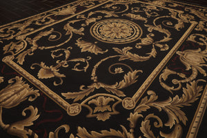 9x12 Chocolate, Gold, Brown Color Hand Woven French Aubusson Flatweave Wool Traditional Oriental Rug