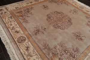 Square Taupe, Ivory, Tan Color Hand Knotted French Aubusson Savonnerie Wool Traditional Oriental Rug