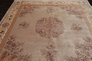 Square Taupe, Ivory, Tan Color Hand Knotted French Aubusson Savonnerie Wool Traditional Oriental Rug