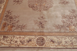 Square Taupe, Ivory, Tan Color Hand Knotted French Aubusson Savonnerie Wool Traditional Oriental Rug