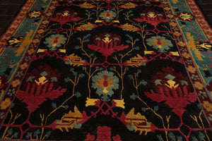 8x10 Charcoal, Turquoise, Rose Color Hand Knotted Tibetan Wool Arts & Crafts Oriental Rug