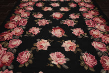 9x12 Black, Pink, Green Color Hand Woven French Aubusson Needlepoint  Wool Traditional Oriental Rug