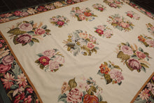 9x12 Ivory, Chocolate, Green Color Hand Woven French Aubusson Needlepoint  Wool Traditional Oriental Rug