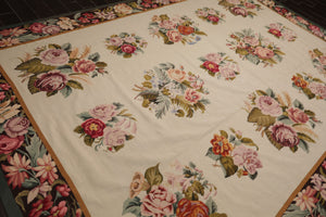 9x12 Ivory, Chocolate, Green Color Hand Woven French Aubusson Needlepoint  Wool Traditional Oriental Rug