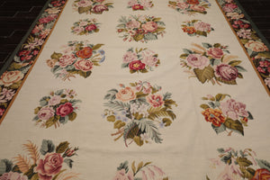 9x12 Ivory, Chocolate, Green Color Hand Woven French Aubusson Needlepoint  Wool Traditional Oriental Rug