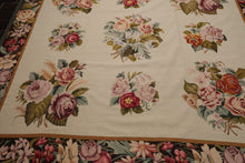 9x12 Ivory, Chocolate, Green Color Hand Woven French Aubusson Needlepoint  Wool Traditional Oriental Rug