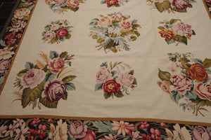 9x12 Ivory, Chocolate, Green Color Hand Woven French Aubusson Needlepoint  Wool Traditional Oriental Rug