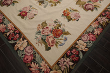 9x12 Ivory, Chocolate, Green Color Hand Woven French Aubusson Needlepoint  Wool Traditional Oriental Rug