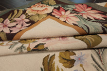 9x12 Ivory, Chocolate, Green Color Hand Woven French Aubusson Needlepoint  Wool Traditional Oriental Rug