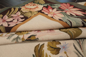 9x12 Ivory, Chocolate, Green Color Hand Woven French Aubusson Needlepoint  Wool Traditional Oriental Rug