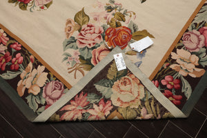 9x12 Ivory, Chocolate, Green Color Hand Woven French Aubusson Needlepoint  Wool Traditional Oriental Rug