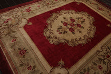 8x10 Crimson, Green, Tan Color Hand Knotted French Aubusson Savonnerie Wool Traditional Oriental Rug
