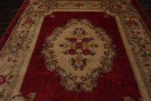 8x10 Crimson, Green, Tan Color Hand Knotted French Aubusson Savonnerie Wool Traditional Oriental Rug