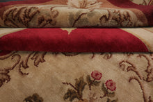 8x10 Crimson, Green, Tan Color Hand Knotted French Aubusson Savonnerie Wool Traditional Oriental Rug