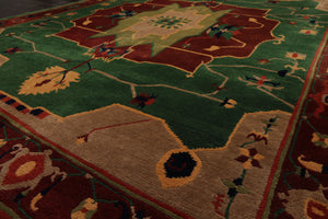 8x10 Green, Chocolate, Taupe Color Hand Knotted Tibetan Wool Arts & Crafts Oriental Rug