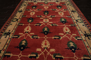9x12 Teracotta, Light gold, Green Color Hand Knotted Tibetan Wool Arts & Crafts Oriental Rug