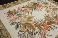 8x10 Ivory, Green, Gold Color Hand Woven French Aubusson Needlepoint  Wool Traditional Oriental Rug