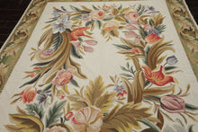 8x10 Ivory, Green, Gold Color Hand Woven French Aubusson Needlepoint  Wool Traditional Oriental Rug