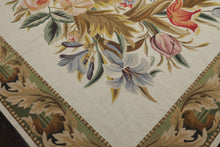 8x10 Ivory, Green, Gold Color Hand Woven French Aubusson Needlepoint  Wool Traditional Oriental Rug
