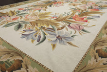 8x10 Ivory, Green, Gold Color Hand Woven French Aubusson Needlepoint  Wool Traditional Oriental Rug