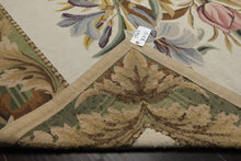 8x10 Ivory, Green, Gold Color Hand Woven French Aubusson Needlepoint  Wool Traditional Oriental Rug