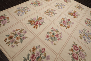 8x10 Ivory, Tan, Green Color Hand Woven French Aubusson Needlepoint  Wool Traditional Oriental Rug