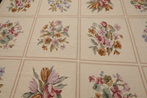 8x10 Ivory, Tan, Green Color Hand Woven French Aubusson Needlepoint  Wool Traditional Oriental Rug