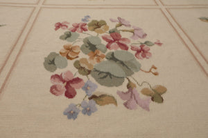 8x10 Ivory, Tan, Green Color Hand Woven French Aubusson Needlepoint  Wool Traditional Oriental Rug