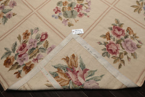 8x10 Ivory, Tan, Green Color Hand Woven French Aubusson Needlepoint  Wool Traditional Oriental Rug